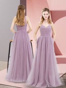 Halter Top Sleeveless Prom Evening Gown Floor Length Ruching Lilac Tulle