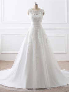 Trendy White Wedding Dresses Tulle Brush Train Sleeveless Lace