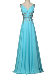 Aqua Blue Empire Chiffon V-neck Sleeveless Beading and Ruching Floor Length Zipper Evening Party Dresses