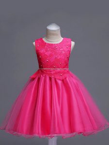 Elegant Lace Little Girls Pageant Dress Hot Pink Zipper Sleeveless Knee Length