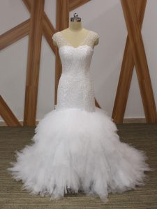 Suitable Tulle V-neck Sleeveless Brush Train Lace Up Beading and Ruffles Wedding Dresses in White
