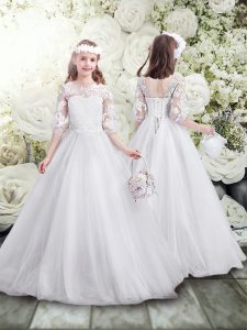 Fancy White A-line Lace Flower Girl Dresses Lace Up Tulle Half Sleeves Floor Length
