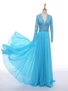 New Style Baby Blue Zipper Evening Outfits Lace and Appliques Long Sleeves Floor Length