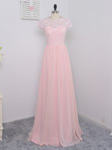 Floor Length Baby Pink Quinceanera Court Dresses Chiffon Cap Sleeves Lace