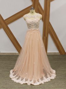 Attractive Champagne Empire Tulle Scoop Sleeveless Beading and Lace and Appliques Floor Length Zipper Evening Dresses