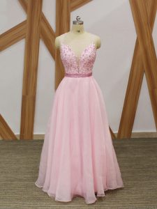Deluxe Baby Pink Zipper Prom Dress Beading and Embroidery Sleeveless Floor Length
