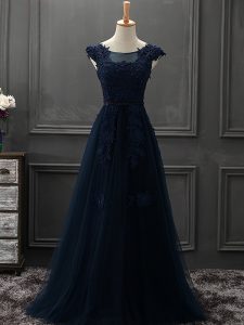 Fabulous Floor Length Navy Blue Prom Party Dress Tulle Sleeveless Appliques