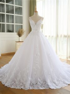 White Lace Up V-neck Lace and Appliques Wedding Dress Organza Sleeveless