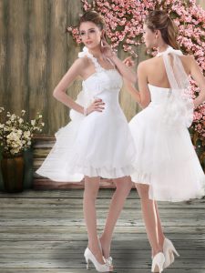 Cute White Chiffon Backless Halter Top Sleeveless Mini Length Wedding Gowns Ruching