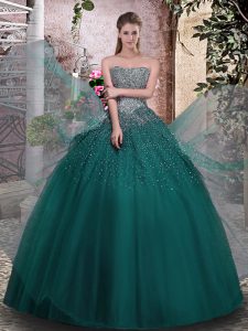 Decent Tulle Strapless Sleeveless Lace Up Beading Quinceanera Dresses in Dark Green