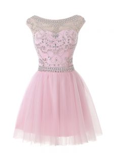 Baby Pink Sleeveless Tulle Zipper Junior Homecoming Dress for Prom and Party and Sweet 16