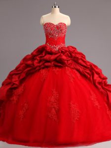 Red Quince Ball Gowns Sweetheart Sleeveless Court Train Lace Up