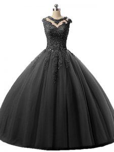 Pretty Scoop Sleeveless Ball Gown Prom Dress Floor Length Beading and Lace Black Tulle