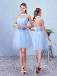 Nice Blue Sleeveless Ruching Knee Length Damas Dress