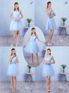High End Blue A-line Scoop Sleeveless Tulle Knee Length Lace Up Ruching Dama Dress for Quinceanera