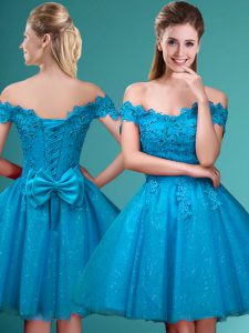 Inexpensive Aqua Blue Cap Sleeves Tulle Lace Up Bridesmaid Dress for Prom and Party