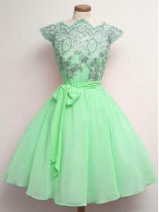 Apple Green Scalloped Lace Up Lace and Belt Court Dresses for Sweet 16 Cap Sleeves