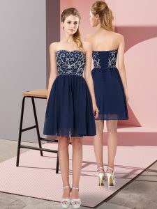 Navy Blue Lace Up Prom Party Dress Beading Sleeveless Mini Length
