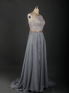 Colorful Grey Halter Top Neckline Beading and Appliques Dress for Prom Sleeveless Lace Up