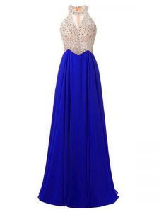 Customized Royal Blue Zipper Evening Dress Beading Sleeveless Floor Length