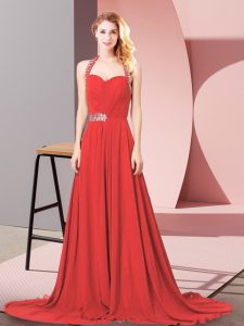 Gorgeous Halter Top Sleeveless Prom Dresses Brush Train Beading and Ruching Red Chiffon
