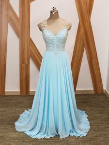 Aqua Blue Runway Inspired Dress Prom and Party and Beach with Beading and Ruching V-neck Short Sleeves Brush Train Side Zipper
