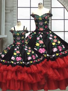 Elegant Floor Length Red And Black Quince Ball Gowns Off The Shoulder Sleeveless Lace Up
