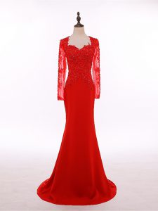 Red Scoop Neckline Lace and Appliques Mother of the Bride Dress Long Sleeves Zipper