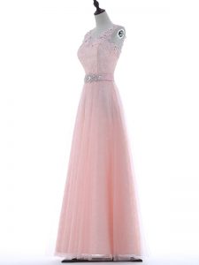 Stunning Baby Pink V-neck Zipper Lace and Appliques Prom Dresses Sleeveless