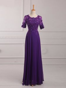 Charming Purple Mother of the Bride Dress Prom and Military Ball with Lace and Appliques Scoop Half Sleeves Zipper
