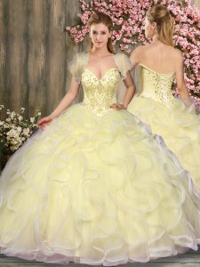 Simple Tulle Sweetheart Sleeveless Lace Up Beading and Ruffles Sweet 16 Dresses in Light Yellow