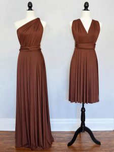 Best Floor Length Brown Bridesmaid Dress One Shoulder Sleeveless Lace Up