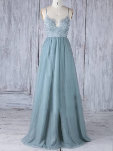 Super Grey Tulle Zipper Quinceanera Court of Honor Dress Sleeveless Floor Length Lace