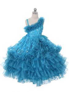 Sleeveless Organza Floor Length Lace Up Party Dress Wholesale in Teal with Lace and Ruffles and Ruffled Layers