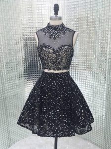 Affordable Black Sleeveless Beading and Lace and Appliques Mini Length Prom Gown