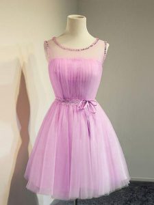 Sweet Lilac Empire Belt Quinceanera Court Dresses Lace Up Tulle Sleeveless Knee Length