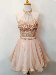 Pretty Champagne Bridesmaids Dress Prom and Party and Wedding Party with Beading Halter Top Sleeveless Lace Up