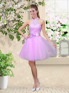 Lavender A-line Halter Top Sleeveless Tulle Knee Length Lace Up Lace and Belt Quinceanera Court Dresses