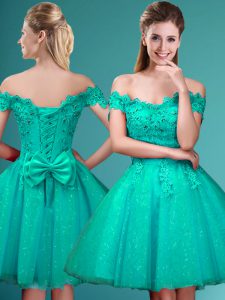 Cap Sleeves Knee Length Lace and Belt Lace Up Quinceanera Court Dresses with Turquoise