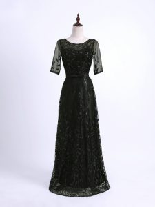 Unique Floor Length Black Mother of Groom Dress Lace Half Sleeves Lace and Appliques
