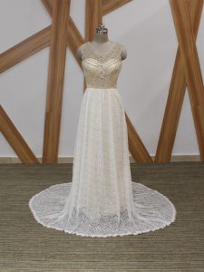 White Empire Lace V-neck Sleeveless Beading and Lace Side Zipper Wedding Gowns Brush Train