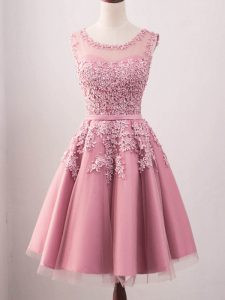 New Arrival Pink A-line Tulle Scoop Sleeveless Lace Knee Length Lace Up Damas Dress