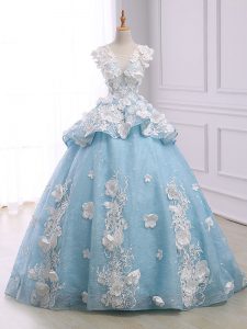 Lace Up Quinceanera Gowns Light Blue for Military Ball and Sweet 16 and Quinceanera with Appliques Court Train