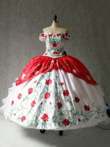 White And Red Off The Shoulder Lace Up Embroidery and Ruffles Quince Ball Gowns Cap Sleeves