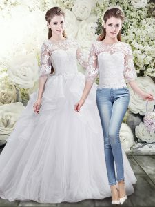 Lace and Ruffles Wedding Gowns White Lace Up Half Sleeves Brush Train