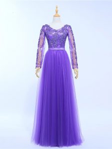 Deluxe Lavender V-neck Lace Up Lace and Appliques Evening Outfits Long Sleeves