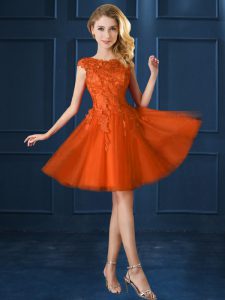 Orange Red Bateau Neckline Lace and Belt Dama Dress Cap Sleeves Lace Up