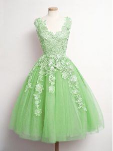 Fantastic Tulle V-neck Sleeveless Lace Up Appliques Bridesmaids Dress in Yellow Green