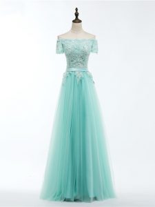 Tulle Short Sleeves Floor Length Evening Gowns and Lace and Appliques