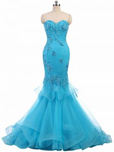 Sexy Lace Up Pageant Dress for Womens Aqua Blue for Prom and Party with Appliques Brush Train